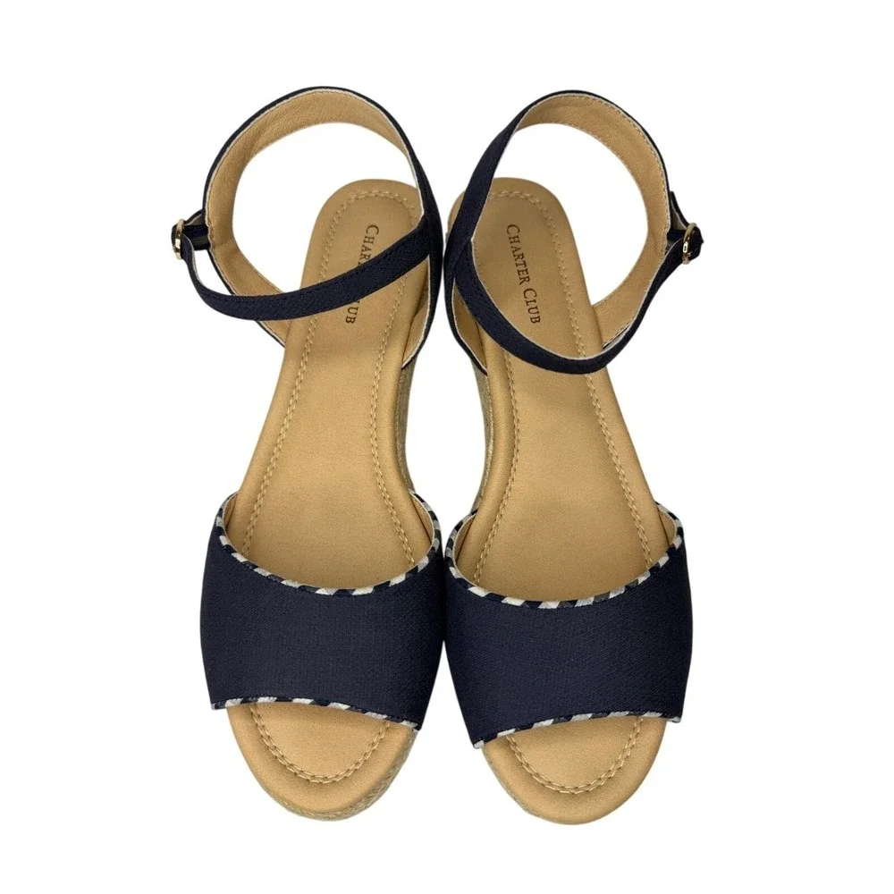 Charter Club Espadrille Wedge Sandals Womens 9.5 Navy Blue LUCHIA Canvas Strappy